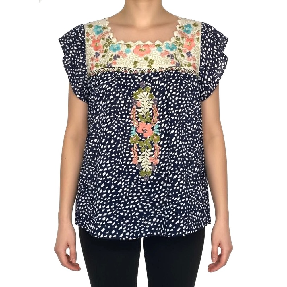 THML Top Size Size Floral Flutter Sleeve Embroidered Multicolor Anthropologie